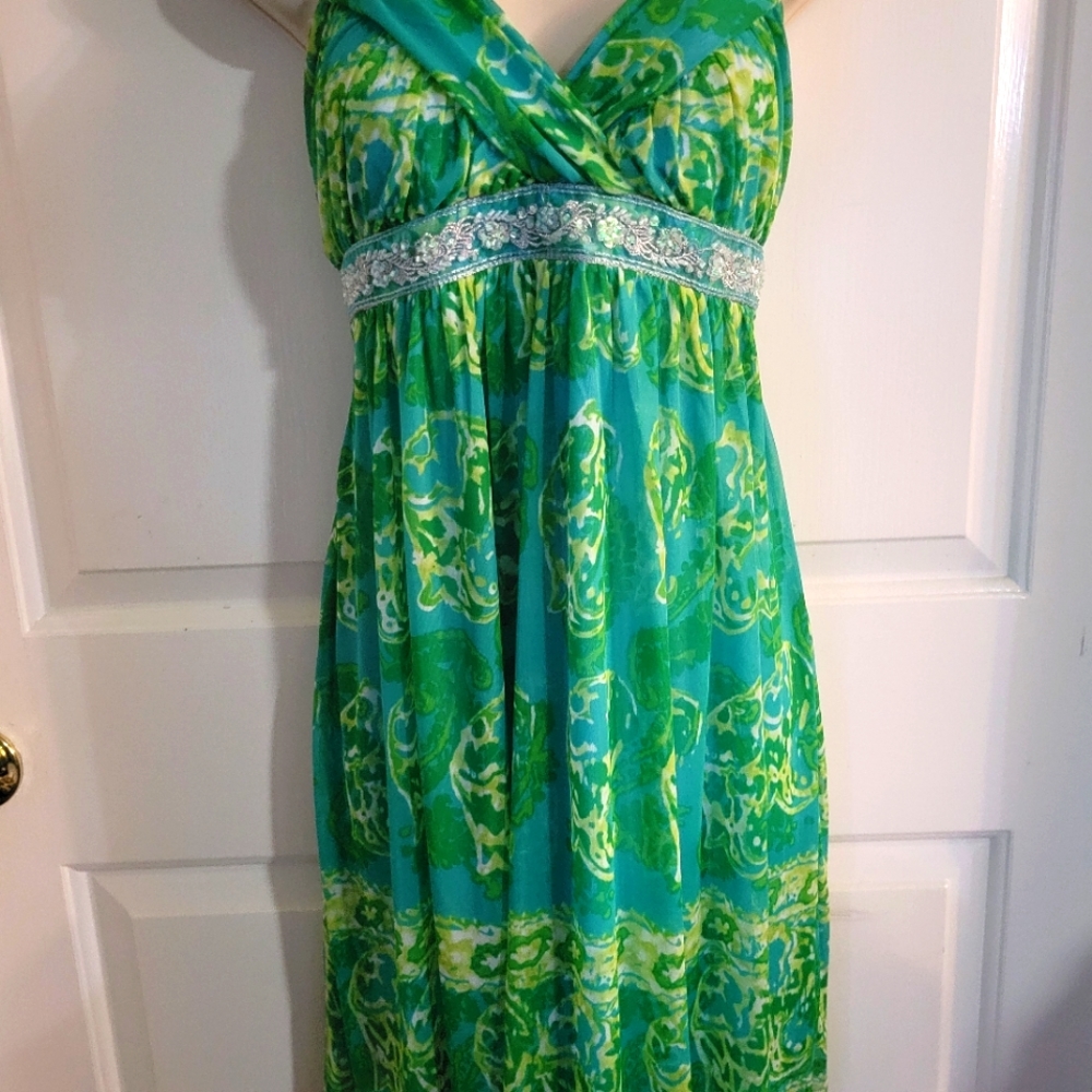 Barley worn green and yellow flattering going out dress